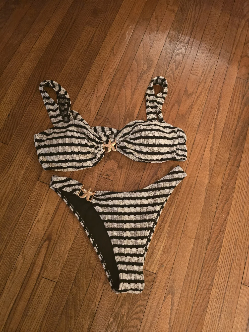 SHEIN Black and White Striped Bikini Set with Gold Accents - Picture 1 of 3